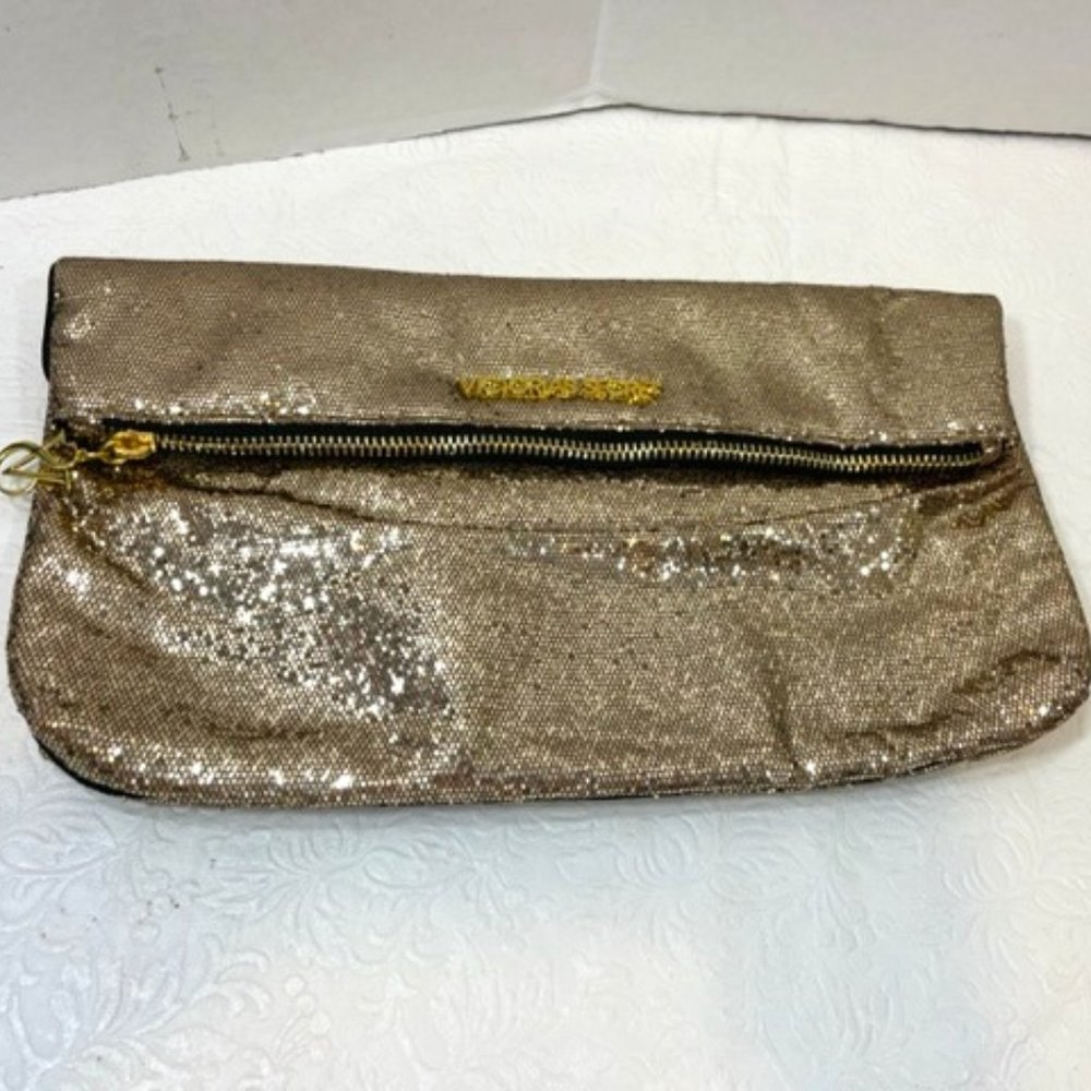 Victoria's Secret Gold Sequin Zip Purse Clutch/Make Up Cosmetic Bag w/Mirror